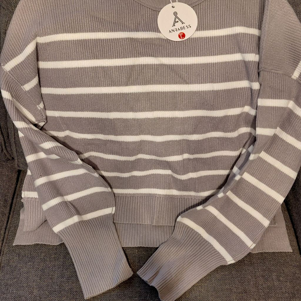 Women's ANRABESS Grey & White Striped Crew Neck Sweater Size L - Picture 4 of 4